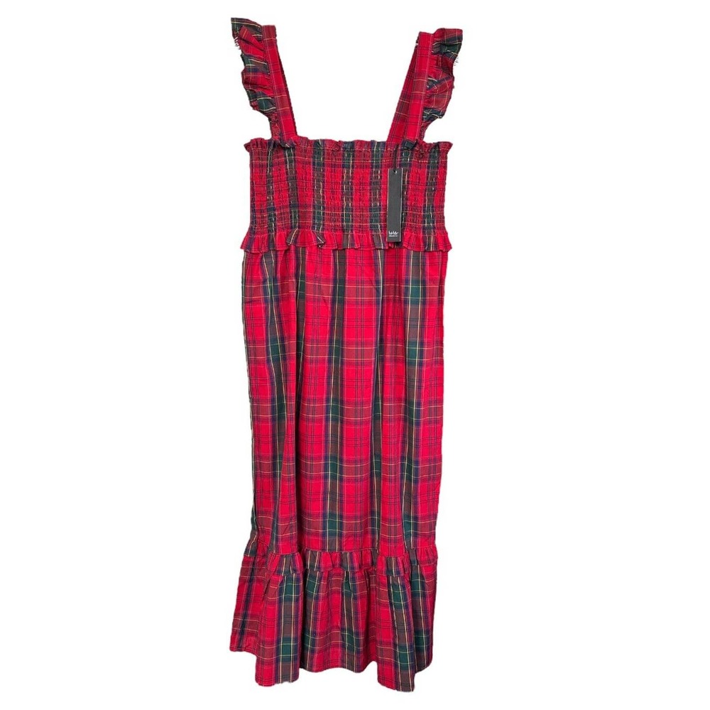 Nicole Miller Plaid Smocked Bodice Midi Dress 100% Cotton Ruffle Layered XS S L